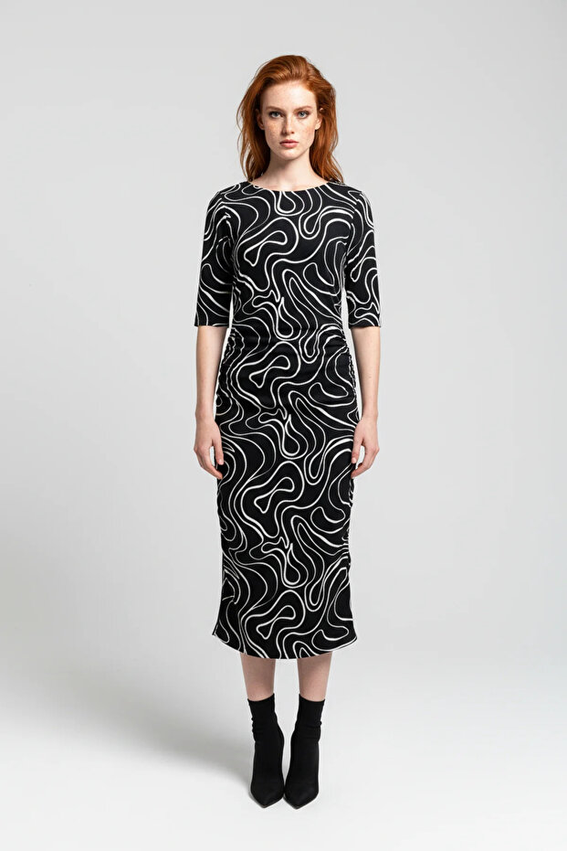 Stripe Patterned Boat Neck Long Dress