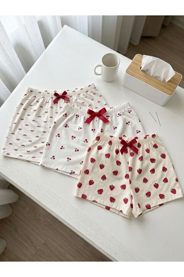 3-Piece Cotton Thin Breathable Satin Ribbon Waist Detail Ribbon-Cheerry-Strawberry Patterned Shorts Single Bottom Pajamas
