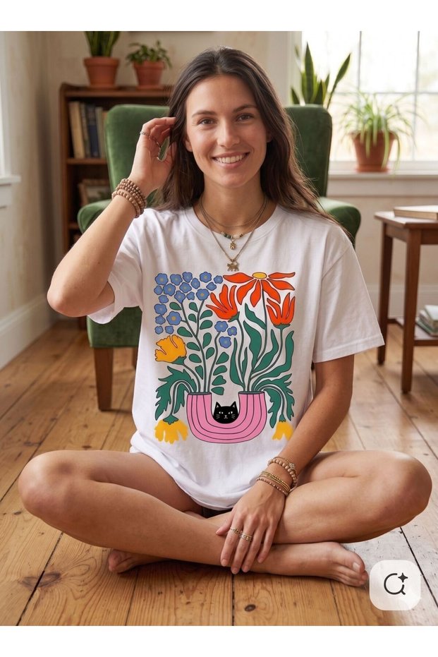 Unisex Short Sleeve White T-Shirt Flowers Floral and Kitty Beach Sea Oversize,Summer 100% Cotton