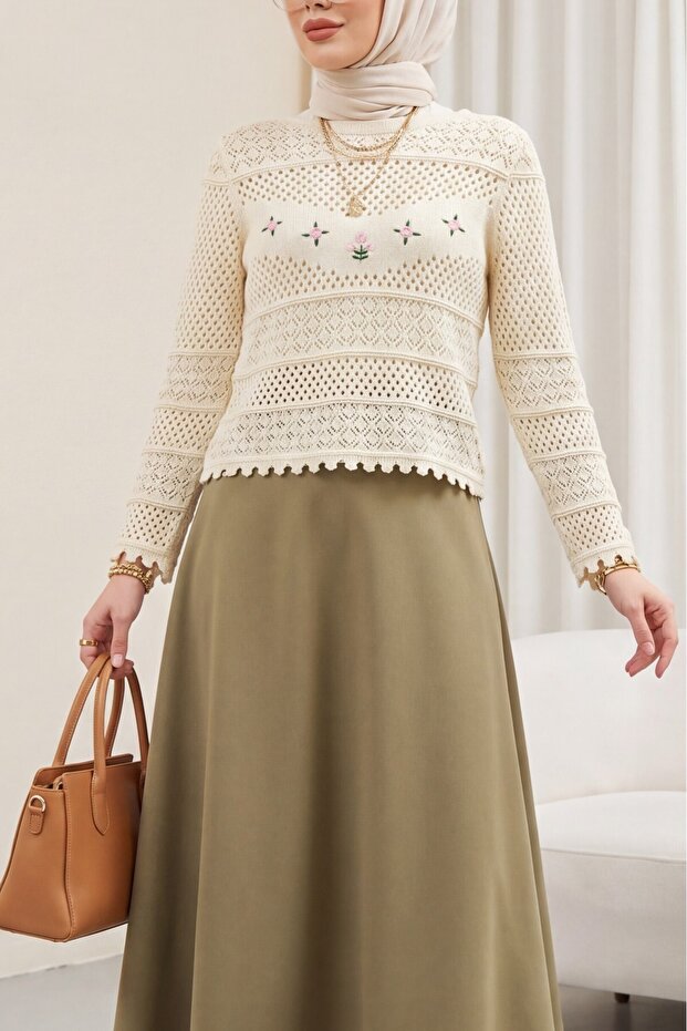 Floral Embroidered Openwork Patterned Knitwear Sweater -Cream