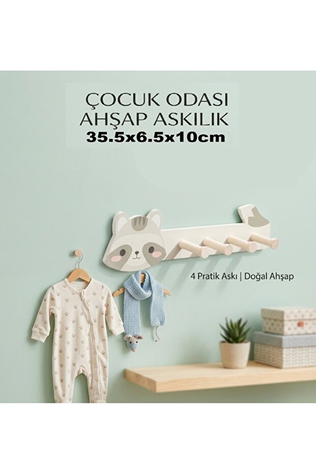 🦝 Wooden Children's Room Hanger with Cute Raccoon Figure
