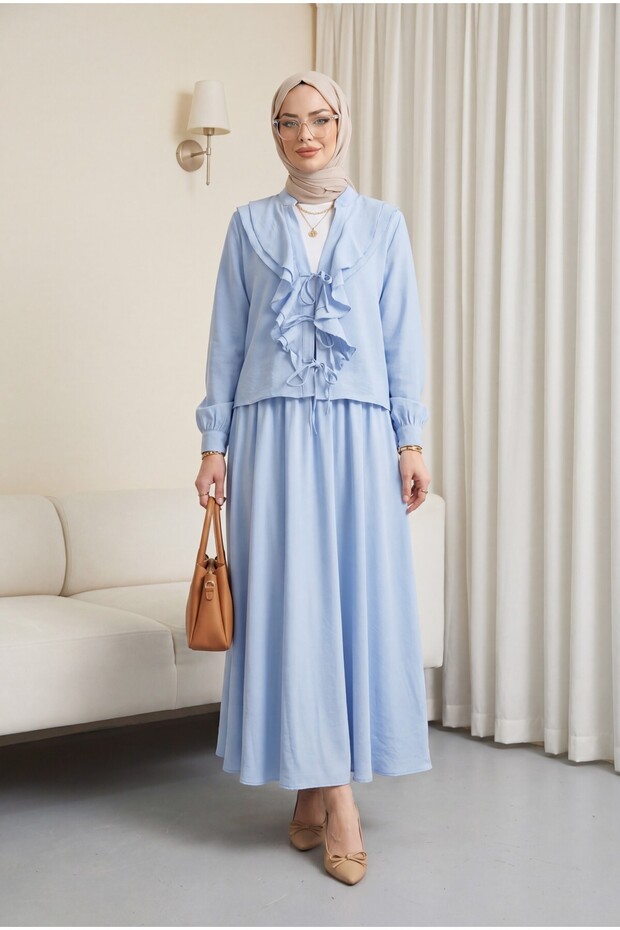 Modal Suit with Front Tie and Flywheel Detail Skirt - Light Blue