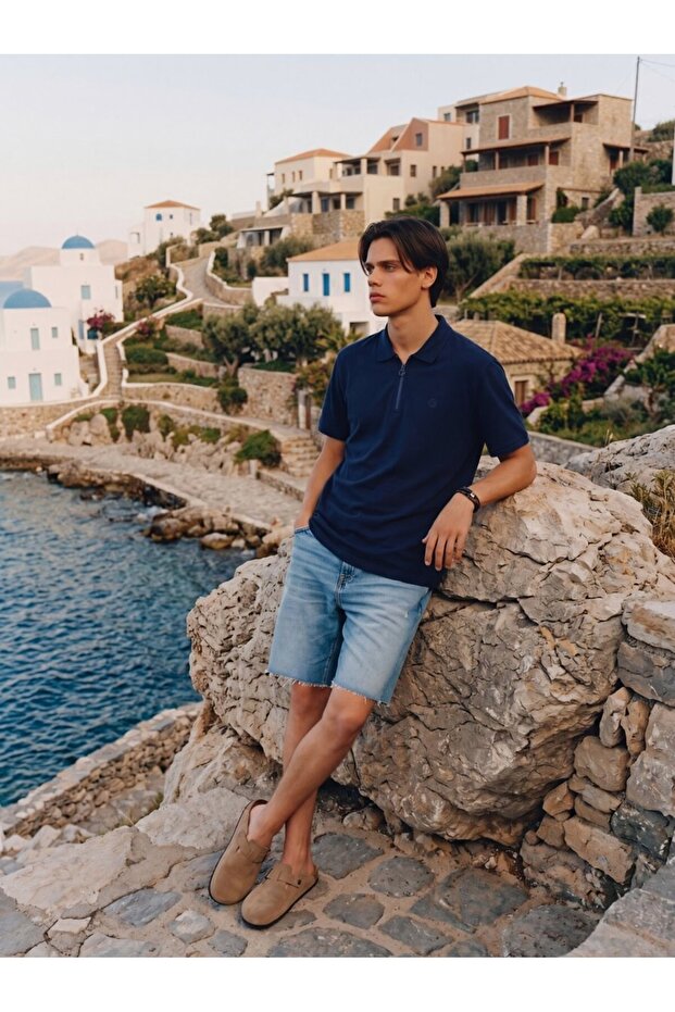 Zippered Pique Polo Collar Navy Blue T-Shirt