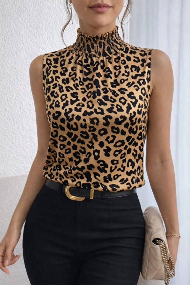 Women's Sleeveless Turtleneck Patterned Single Jersey Blouse