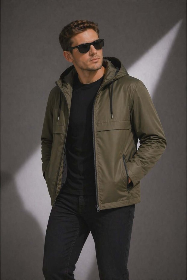 Men's Khaki Hooded Waterproof Lightweight Jacket – Casual & Sporty Stylish Windbreaker