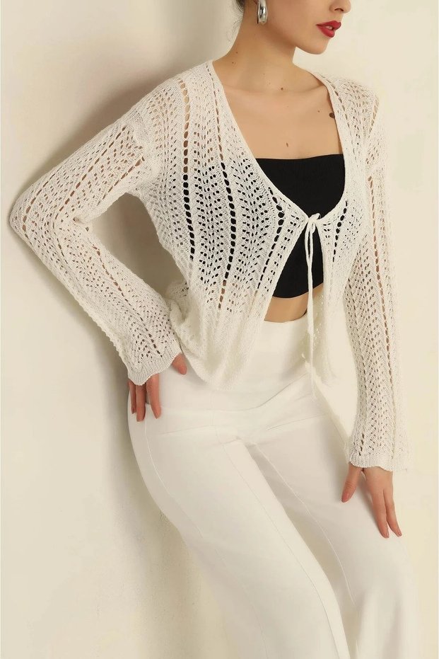 Women's Openwork Perforated Lace-Up Seasonal Spring/Summer Crop Knitwear Cardigan