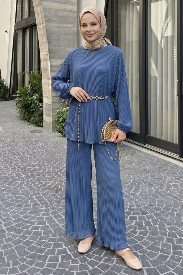 Pleated Chiffon Indigo Suit with Loose Trousers