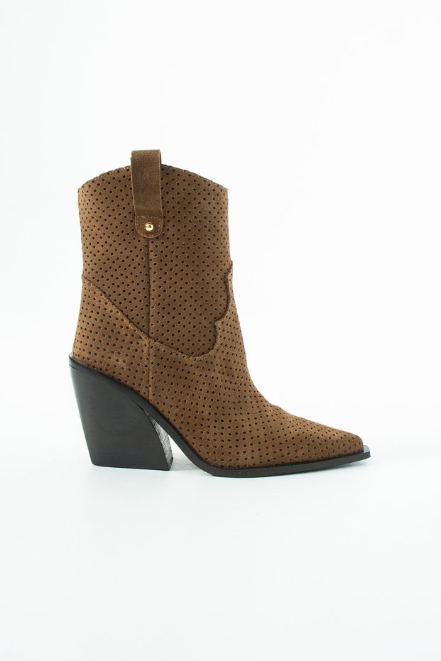 Marvella Genuine Leather Tan Suede Women's Thick Heeled Perforated Summer Boots