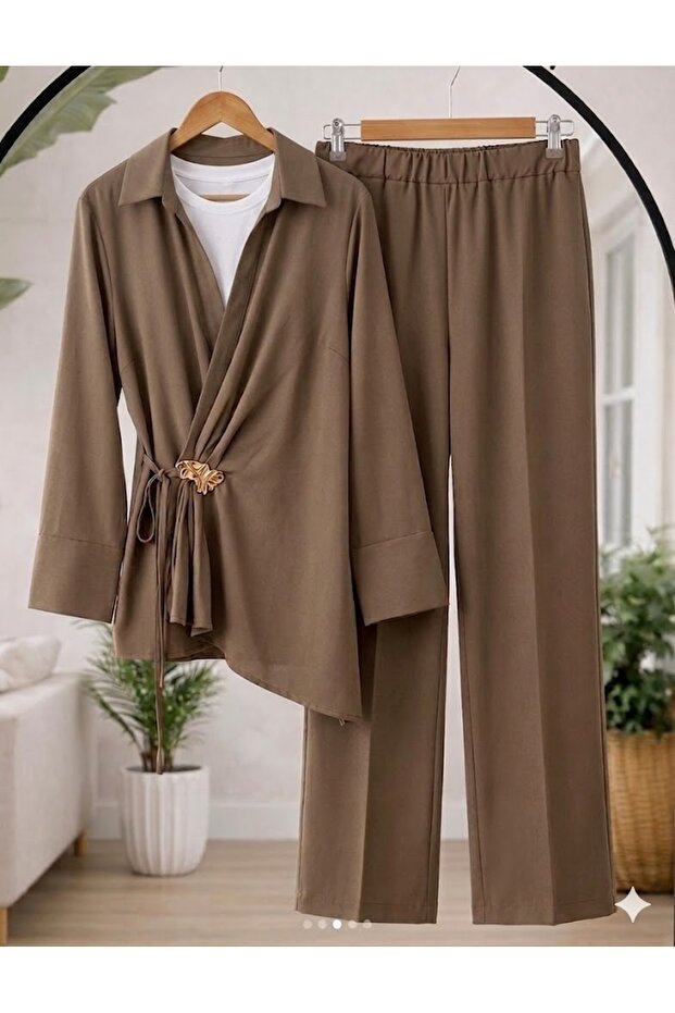 Camel Linen Look Brooch Detailed Top and Bottom Set • Pleated Hijab Combination • Comfortable and Stylish for Women