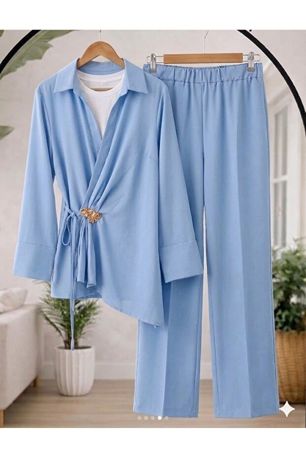Blue Linen Look Brooch Detailed Top and Bottom Set • Pleated Hijab Combination • Comfortable and Stylish for Women