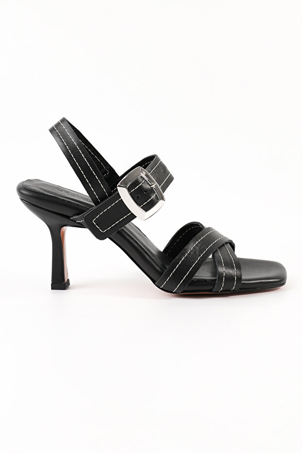 Genuine Leather Black Heeled Women's Sandals - Rgn5101