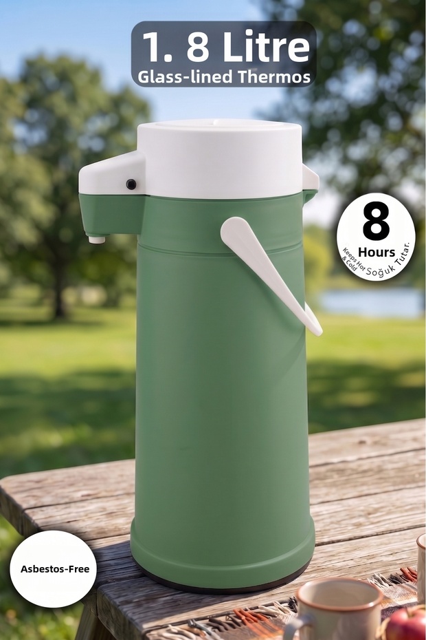 1.8 Lt Glass Inner Chamber Thermos - Portable Seaside Picnic Tea Water Thermos with Handle Green