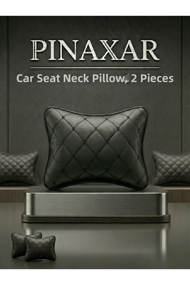 Faux Leather Car Neck Pillow with Stitching Detail, 2 Pieces, Comfort Series, Universal, Black
