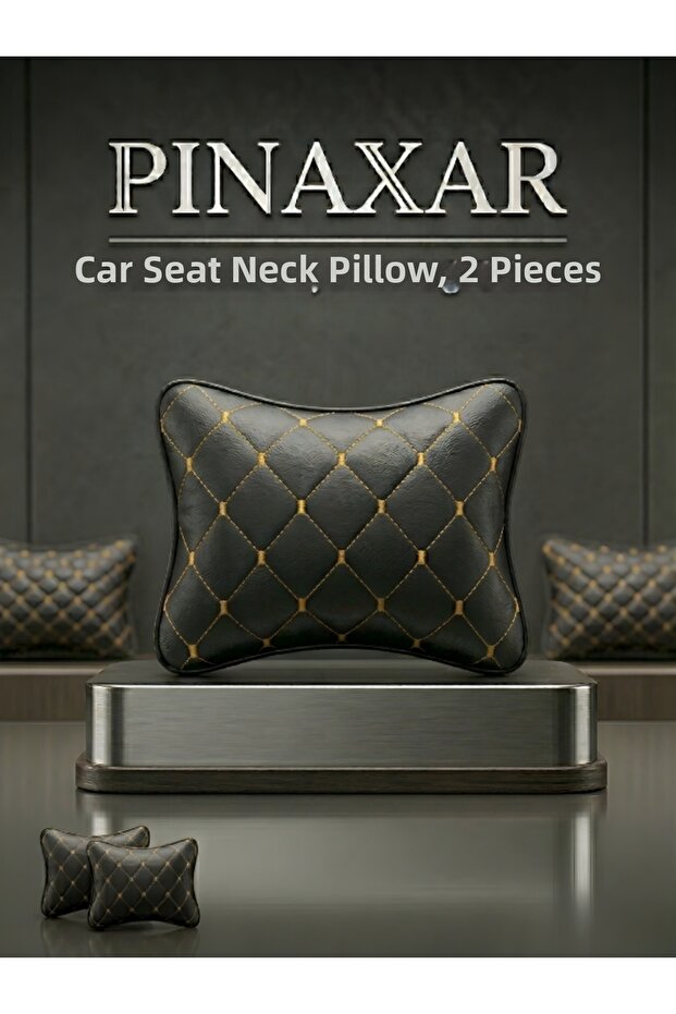 Premium Embroidered Car Seat Neck Pillow 2 Pieces Faux Leather Stitched Yellow