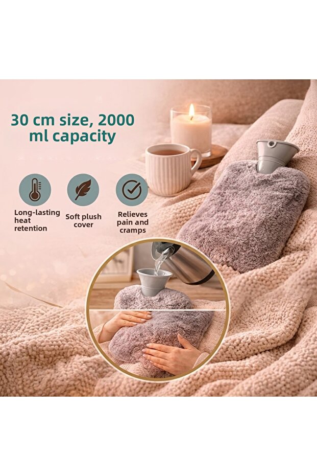 Soft Textured 30 cm 2000 ml Capacity Hot Water Bottle with Plush Cover