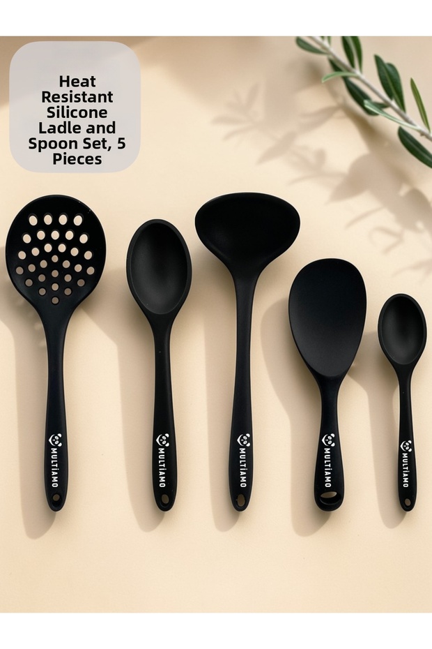 Heat resistant silicone ladle and spoon set 5-piece 28cm ladle/sieve, 8cm/22cm/20cm spoons