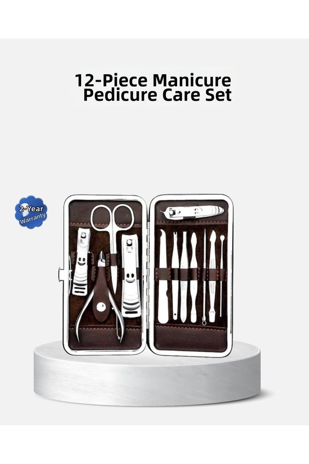 12-Piece Manicure Pedicure Care Set with Leather Bag - Stainless Steel & Hygienic