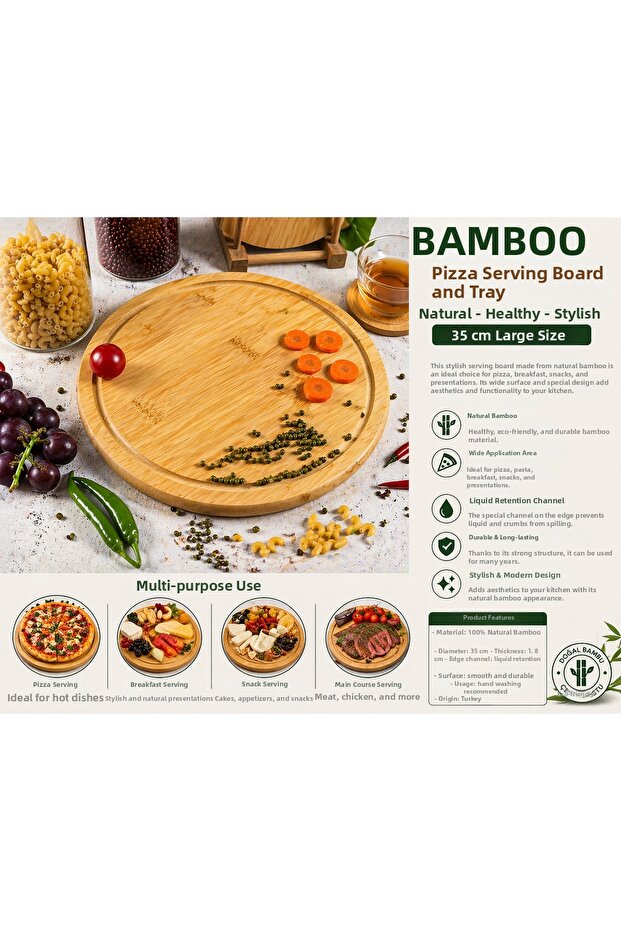 Bamboo Pizza Presentation and Serving Board 35 cm – Natural Wooden Round Presentation Plate