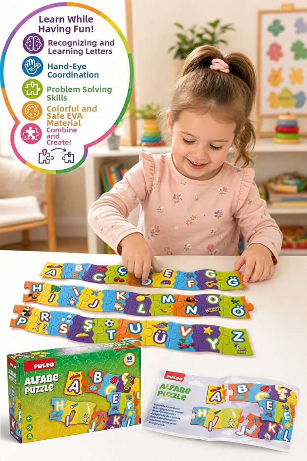 Puedo Turkish Alphabet Puzzle 58 Pieces Eva Educational Toy Letter Tutorial 3+ Children's Puzzle