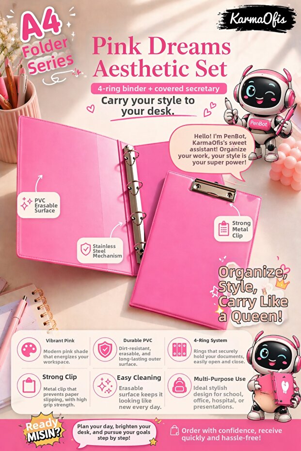 Pink Dreams Aesthetic Stationery Set A4 4-Ring Binder + Cover Secretary Pink Pvc File Organizer