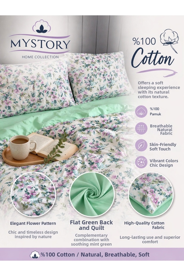 100% Cotton Double Duvet Cover Set Spring Bloom Green