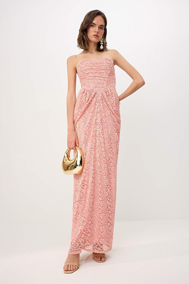 Pudra Dokulu Örme Dantel Maxi Abiye & Mezuniyet Elbisesi TPRSS26AE00095 - 1
