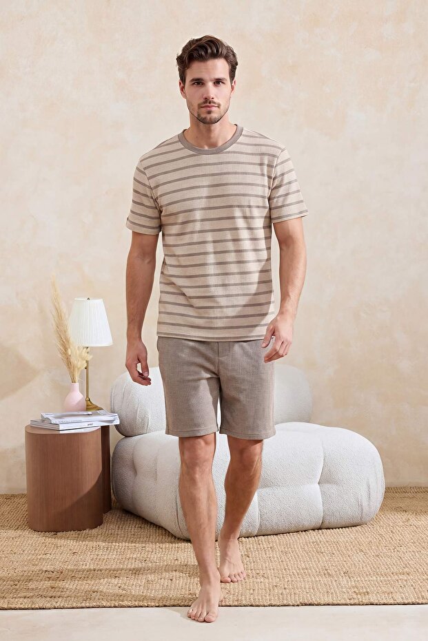 Kahverengi-Ekru Regular Kesim Çizgili Dokulu Pijama Takımı TMNSS26PT00043 - 2