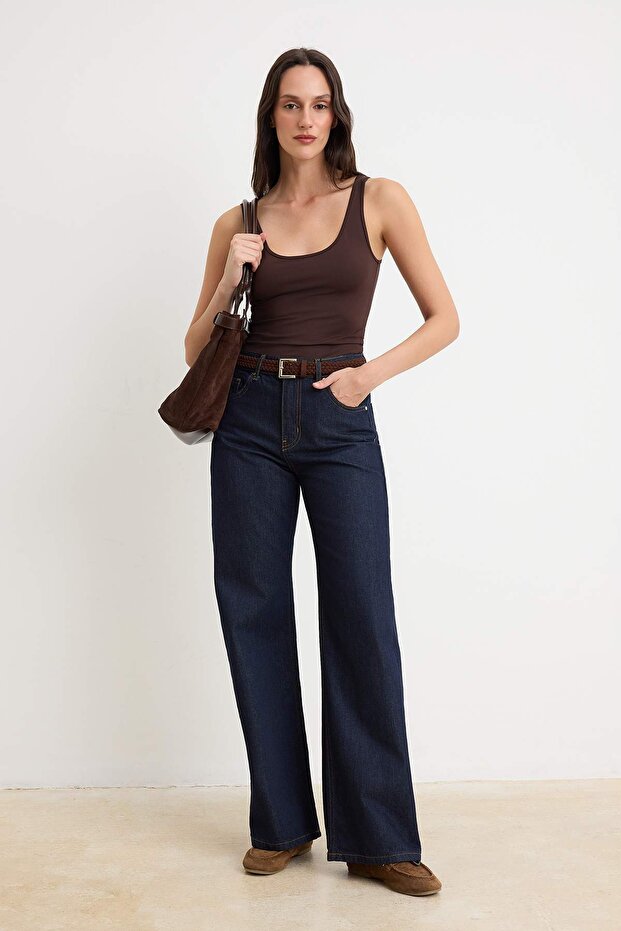 Koyu Mavi Kemerli Yüksek Bel Wide Leg Geniş Paça %100 Pamuk Non-Stretch Jeans TWOSS26JE00326