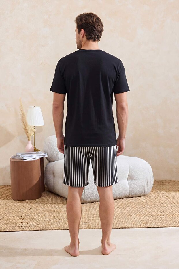 Siyah Regular Pamuklu Kısa Kol Üst Ayıcık Baskılı Alt Çizgili Pijama Takımı TMNSS26PT00013 - 3