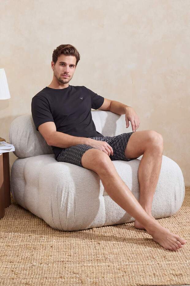 Siyah Regular Geometrik Baskılı %100 Pamuk Yazlık Örme Pijama Takımı TMNSS26PT00039 - 2