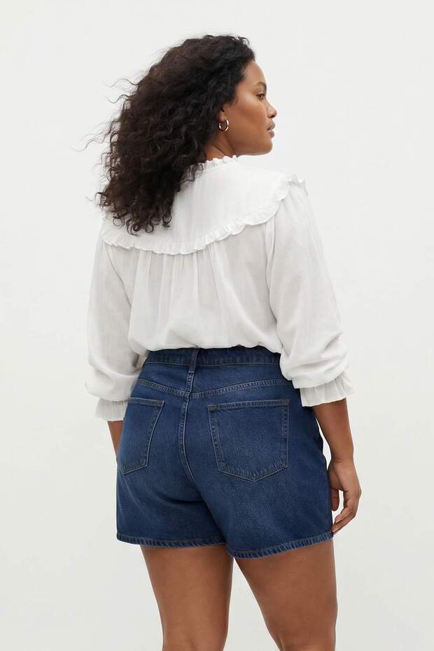Koyu Mavi Önden Düğmeli Yüksek Lastikli Bel Mini %100 Pamuk Non-Stretch Denim Şort TBBSS26AP00023 - 3