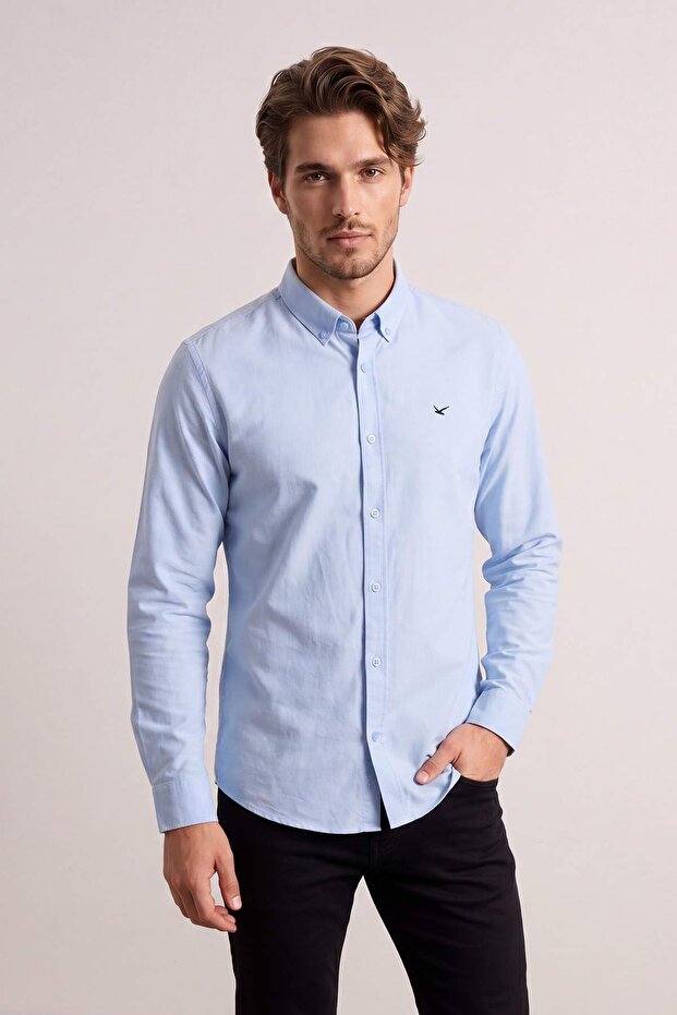 Açık Mavi Normal Kalıp/Regular Fit %100 Pamuk Yazlık Erkek Dokuma Gömlek TMNSS26GO00027 - 4