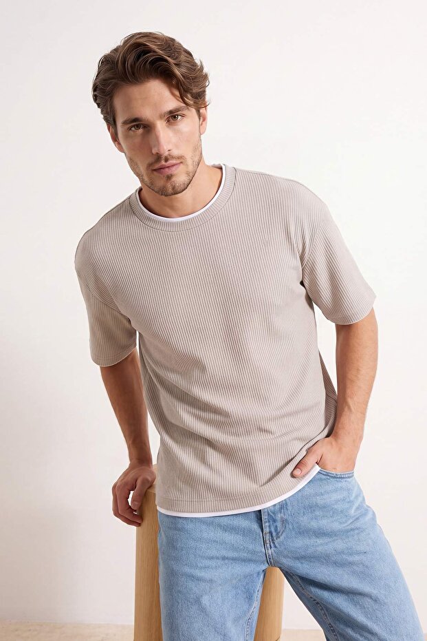 Taş Oversize/Geniş Kesim Ottoman Örme T-Shirt TMNSS26TS00038 - 2