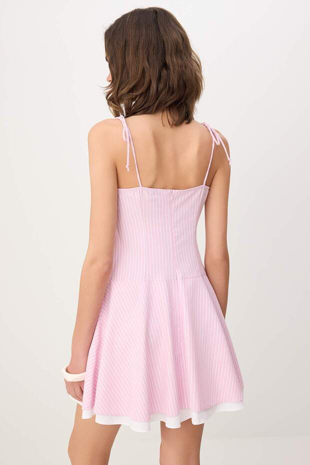 Pembe Çizgili Düğmeli Kısa / Mini Dokuma Elbise TWOSS25EL00876 - 4