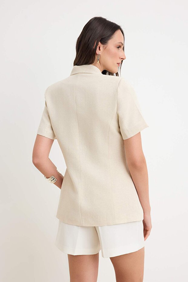 Bej Keten Karışımlı Astarlı Kısa Kollu Blazer Ceket TWOSS26BC00044 - 4