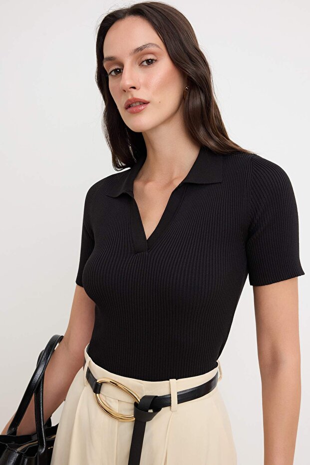 Black More Sustainable Basic Polo Collar Knitwear Slim Blouse Twoss26Bz00505