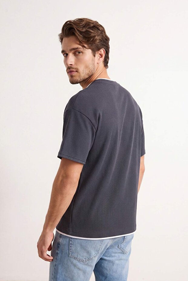 Gri Oversize/Geniş Kesim Ottoman Örme T-Shirt TMNSS26TS00038 - 3
