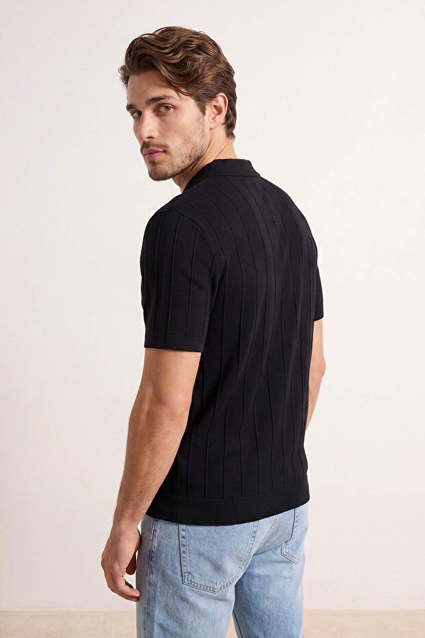 Siyah Slim/Dar Kesim Dokulu Polo Yaka T-shirt TMNSS26PO00039 - 3