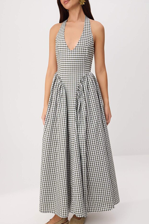Grünes, gemustertes, gewebtes Maxikleid mit Taillenöffnung TWOSS25EL00874 - 3