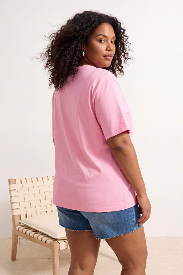 Pembe Yengeç Baskılı Loose Fit Örme Büyük Beden T-shirt TBBSS26BF00055 - 4