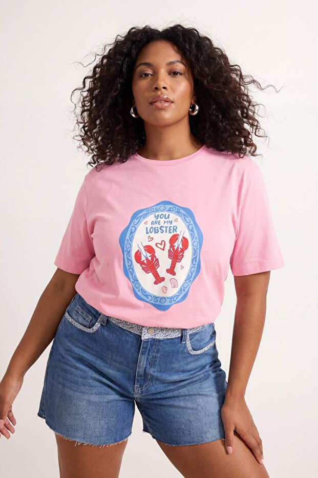 Pembe Yengeç Baskılı Loose Fit Örme Büyük Beden T-shirt TBBSS26BF00055 - 3