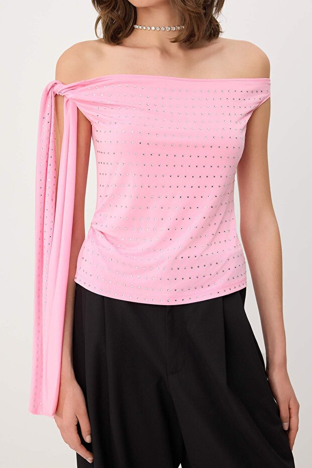 Pembe Asimetrik Yaka Kolsuz Sandy Party Bluz TPRSS26BZ00060 - 3