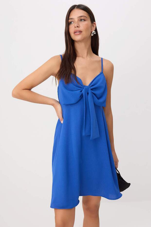 Saks Askılı Mini Kurdele Detaylı Dokuma Elbise TWOSS26EL00983 - 2