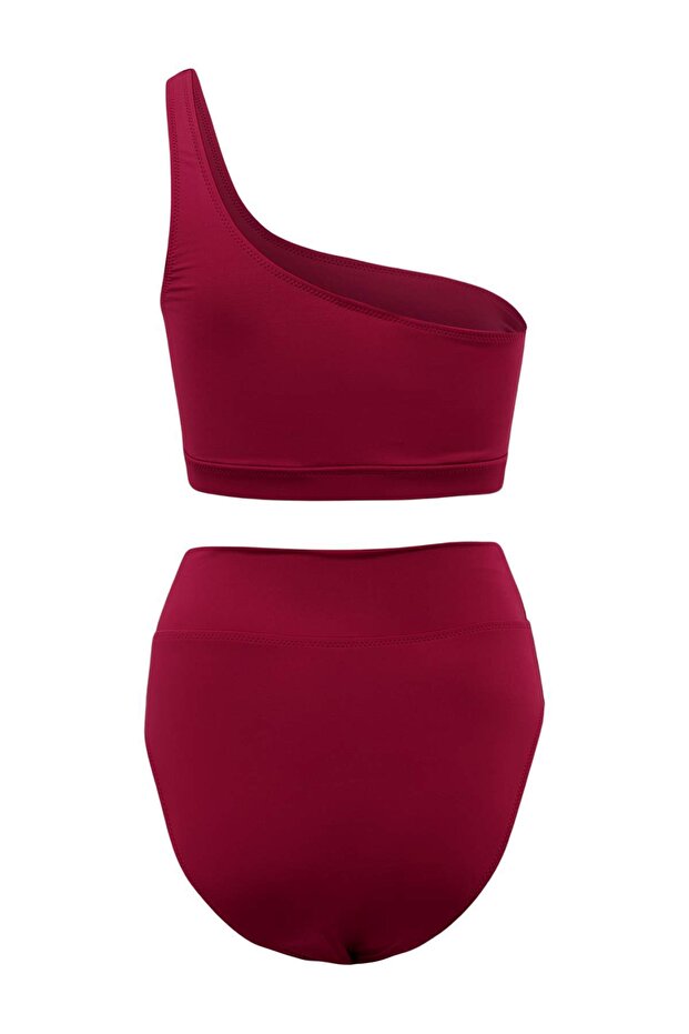 Bordo Tek Omuz Kaplı Hipster Yüksek Bel Regular Bikini Takımı TBESS24BT00126 - 6