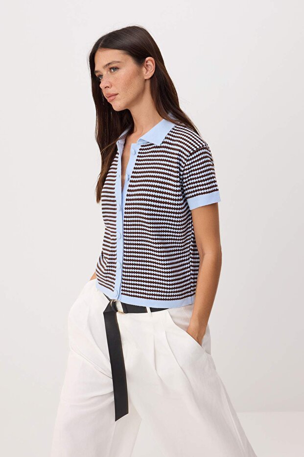 Kahverengi Polo Yaka Çizgili Triko Bluz TWOSS25BZ00183 - 2