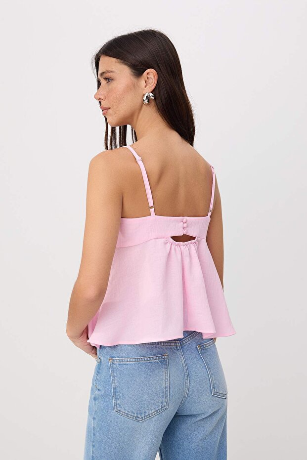 Pembe Keten Görünümlü Fiyonk Detaylı Askılı Dokuma Alt&Üst Bluz TWOSS25BZ00249 - 4