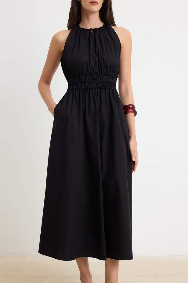 Siyah Beli Lastikli Midi Dokuma Elbise TWOSS26EL00887 - 3