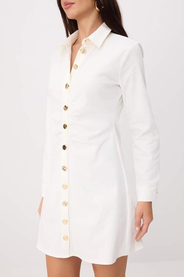Ekru Gold Düğmeli Uzun Kol Mini Gabardin Dokuma Elbise TWOSS26EL00144 - 3