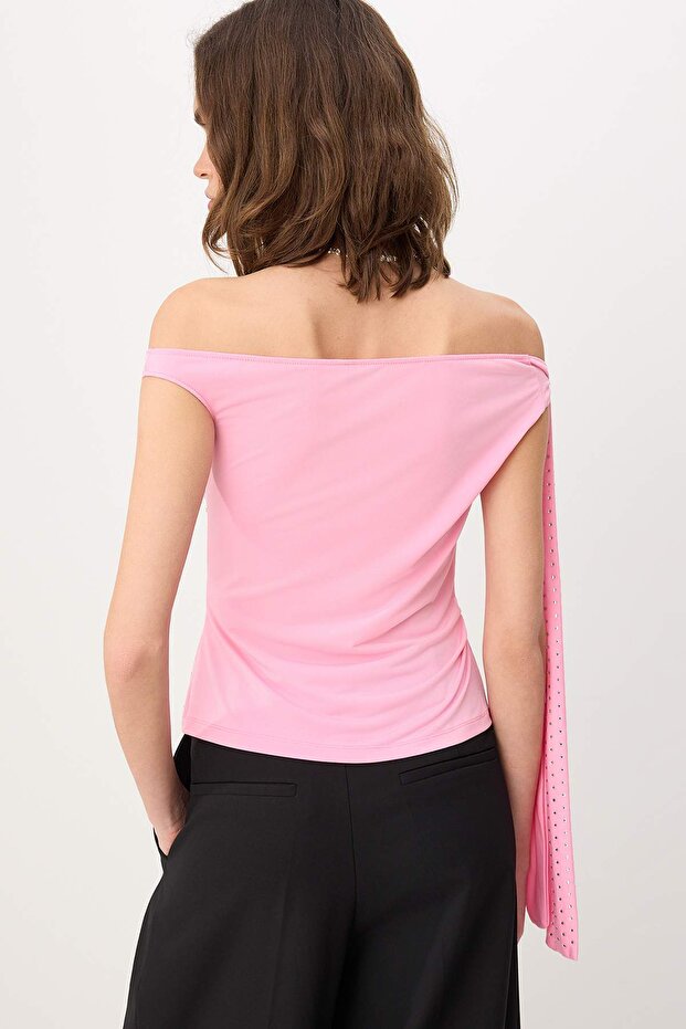 Pembe Asimetrik Yaka Kolsuz Sandy Party Bluz TPRSS26BZ00060 - 4