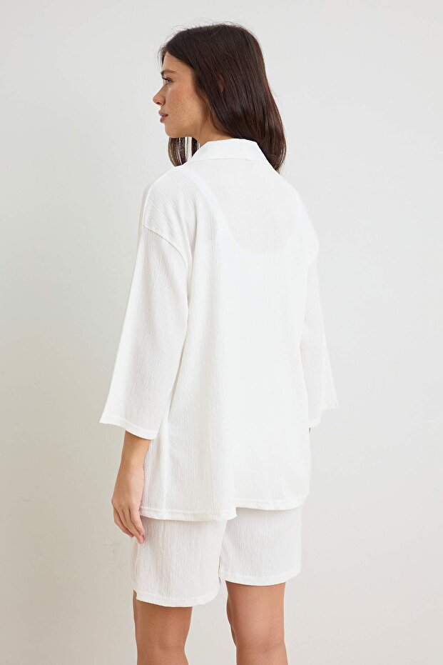 Ekru Düz Oversize Truvakar Kol Geniş Paça Kısa / Mini Dokulu Örme Alt - Üst Takım TWOSS26AU00129 - 4
